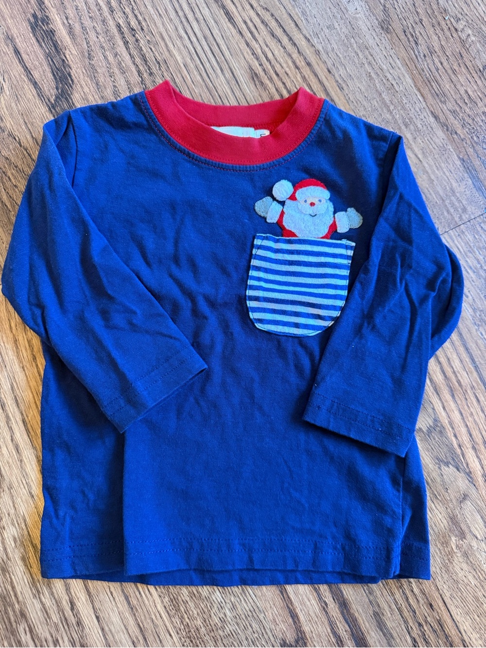 Kids Navy Blue Long-Sleeve Pocket Tee with Santa Appliqué
